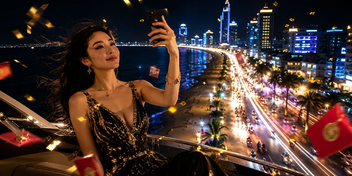 Phong bì đỏ may mắn và đèn neon tại Quy Nhơn gợi lên không khí lễ hội và thưởng casino trực tuyến